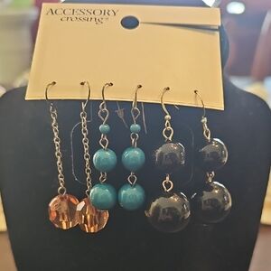 Women's Multi-Color Earring Set Crystal Beads Pierced 3 Pairs Gift